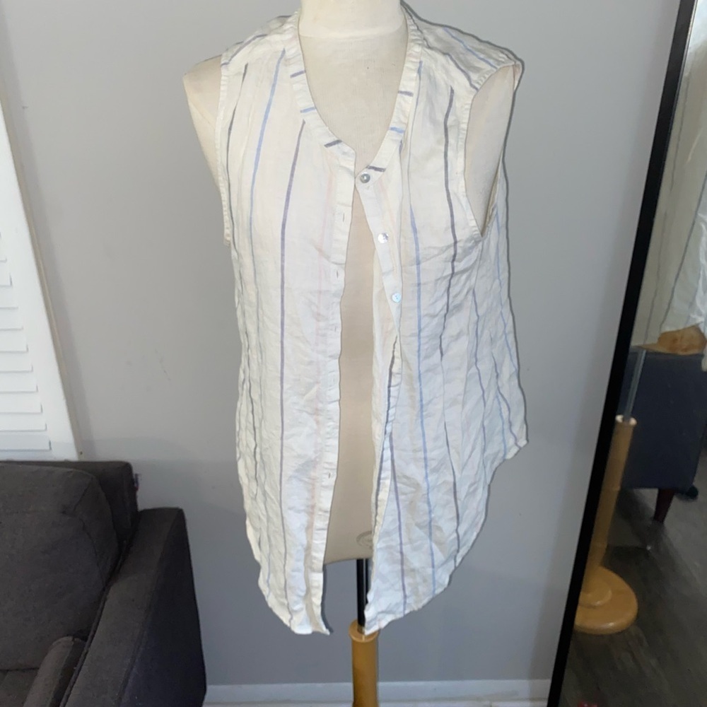 CC California Womens L Linen set Sleeveless Blue Multi Stripes Tunic Preppy